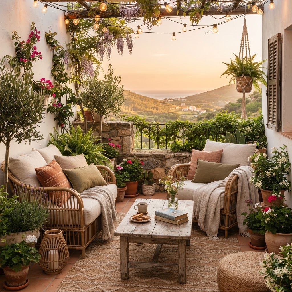 Terrasse extérieure aménagée au coucher du soleil
